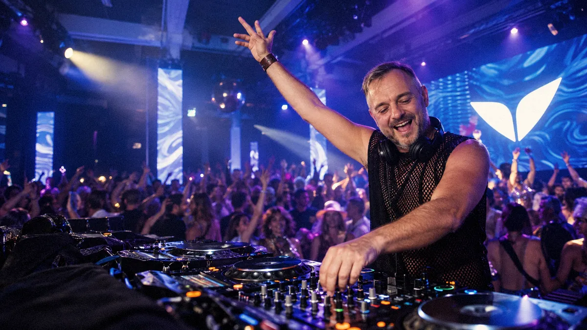 Tristan Gorski DJing with one arm raised in front of a dancing crowd at Mindvalley University